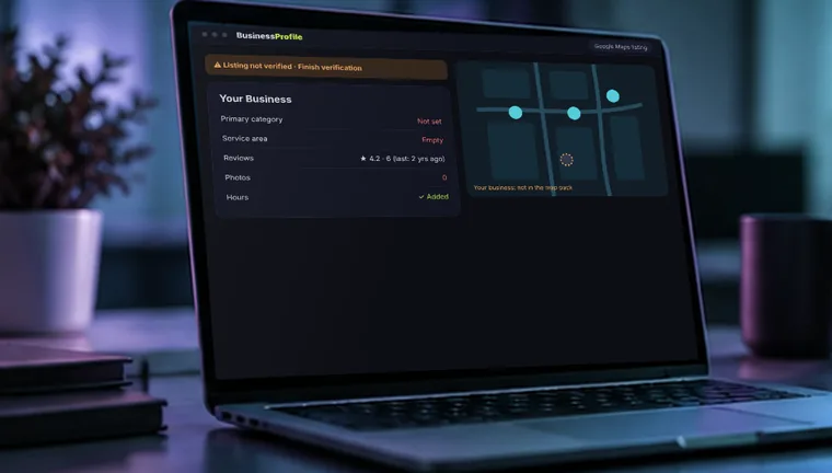 Laptop showing an unverified Google Business Profile listing with missing reviews and categories