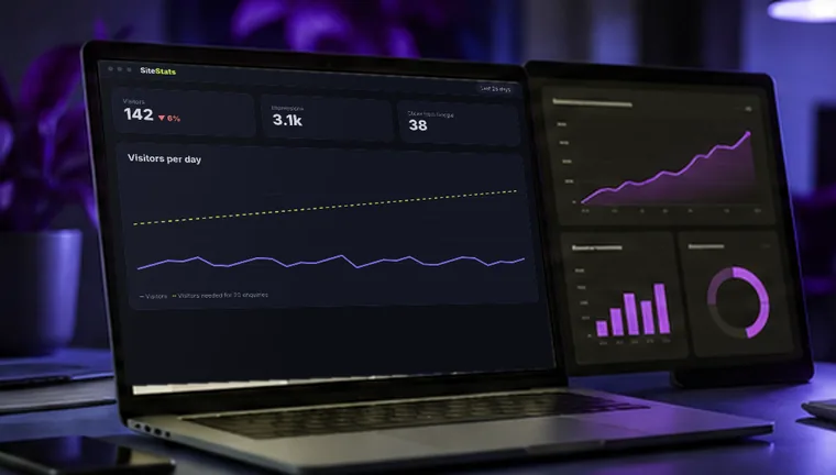 Laptop showing an analytics dashboard with low website visitors next to Search Console impressions and clicks